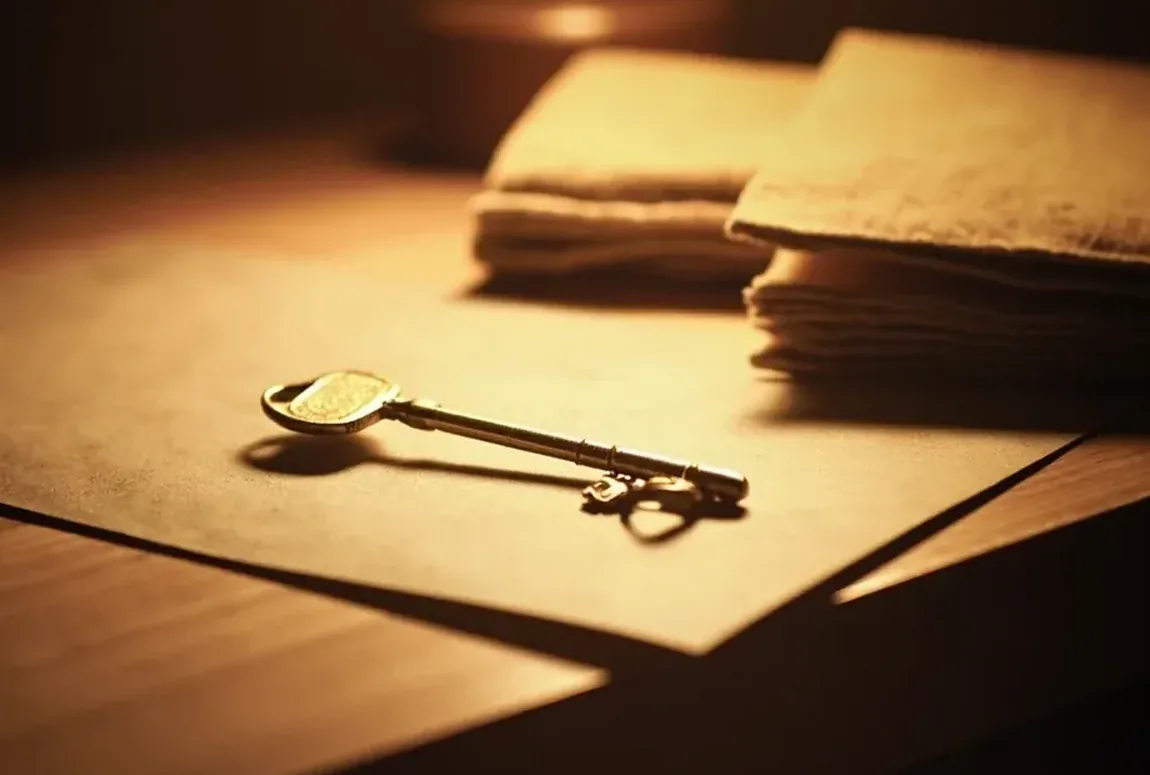 Photograph of a brass key, folded linen and an envelope on a verification desk