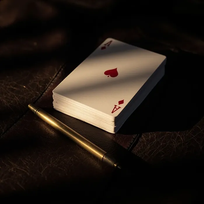 Square photograph of a closed face-down pack of playing cards on a dark leather surface with a slim brass marker beside it
