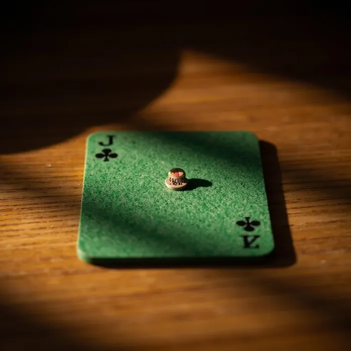 Square photograph of a green felt card-deck tile with a joker and a 201-point marker