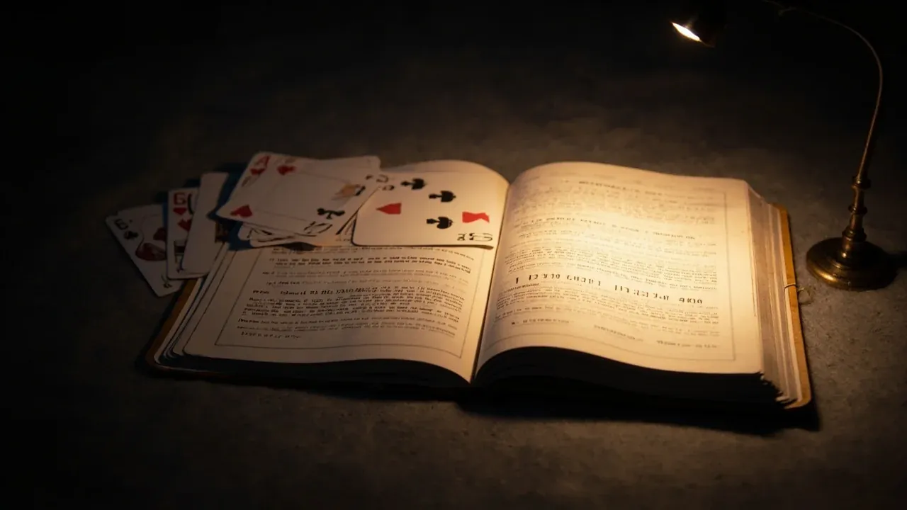 Editorial photograph of an open rummy rule-book on a felt surface with three card hands fanned out beside it