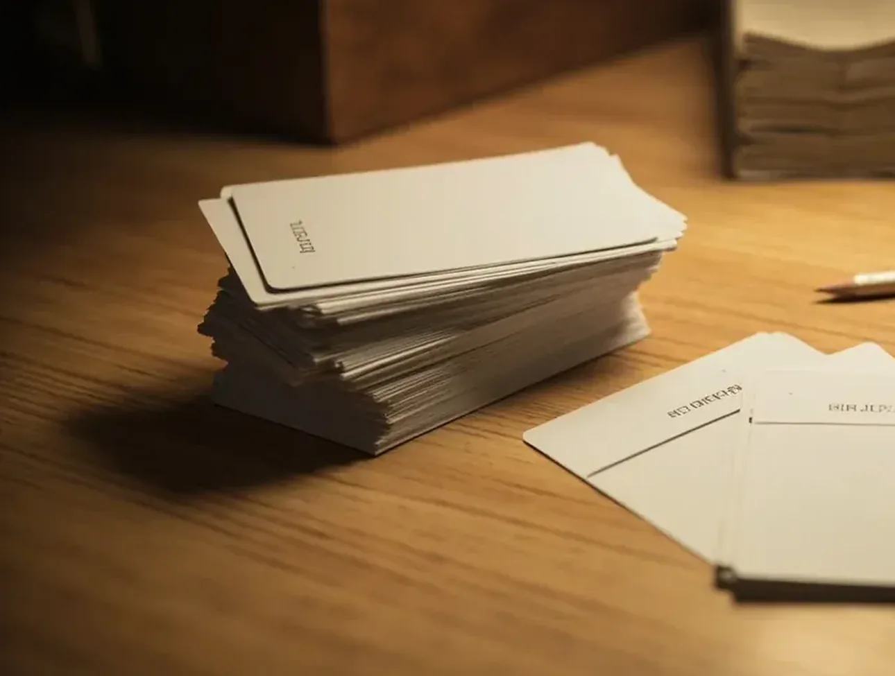 Close editorial research-desk detail with card stacks arranged as strategy notes