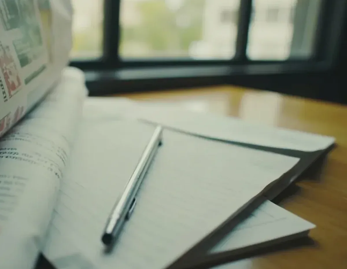 Close editorial view of a reading notebook beside a folded newspaper