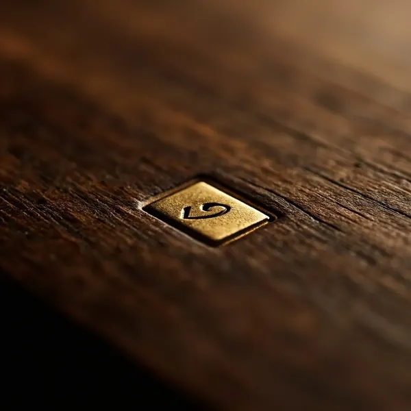 Macro photograph of a small brass press-mark stamp set into dark walnut wood