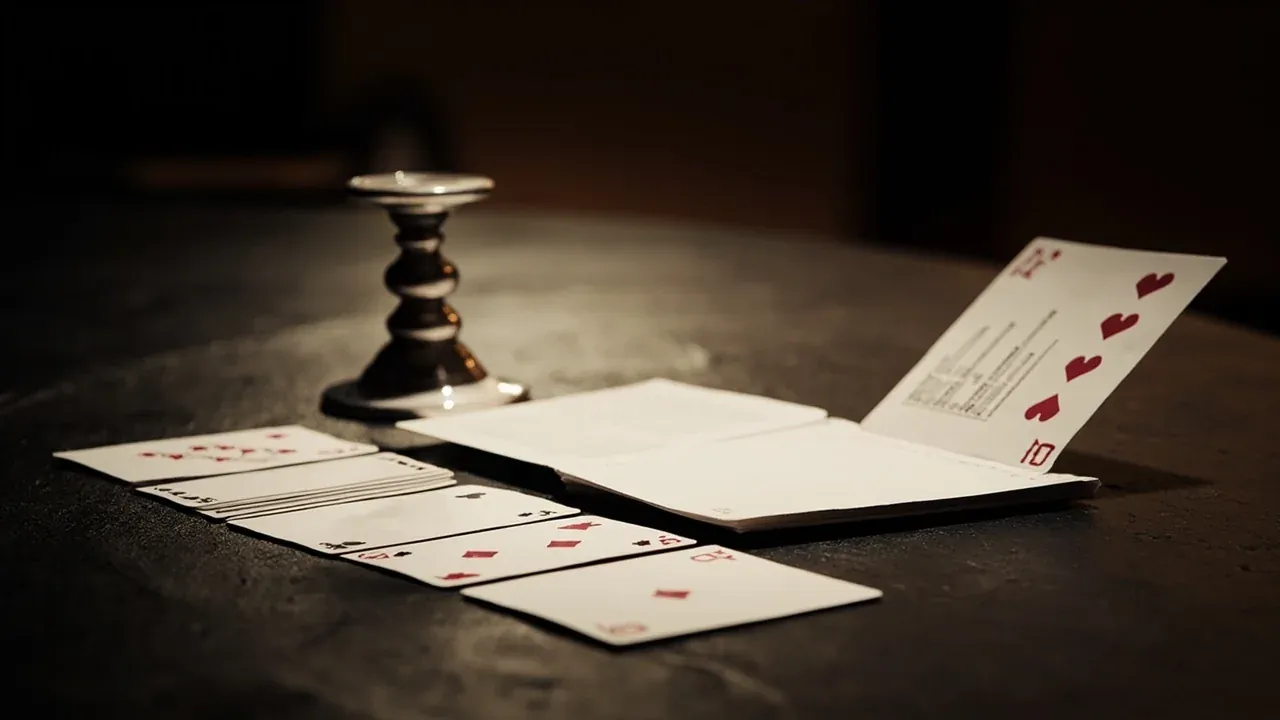 Editorial photograph of a single 13-card rummy hand laid face-up on a dark leather surface with a silver paperweight