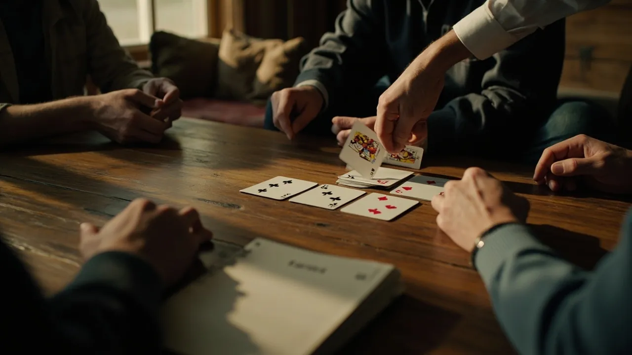 Editorial photograph of an indoor Points Pool session with four adult hands around a low wooden table and a 201-point ledger notepad