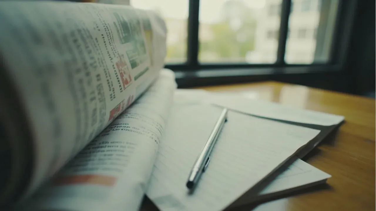 Photograph of a folded newspaper and a slim reading notebook on a wooden desk near a window