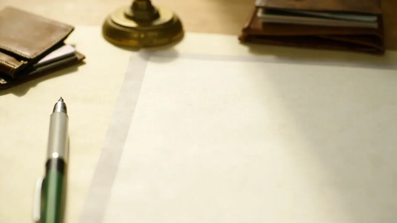 Photograph of a clean desk with a slim card-deck of paperwork, a pen, a wallet and a small brass paperweight
