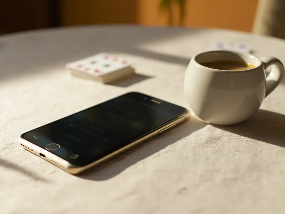 Editorial photograph of a smartphone resting face-up on a linen tablecloth beside a small stack of cards and a ceramic cup