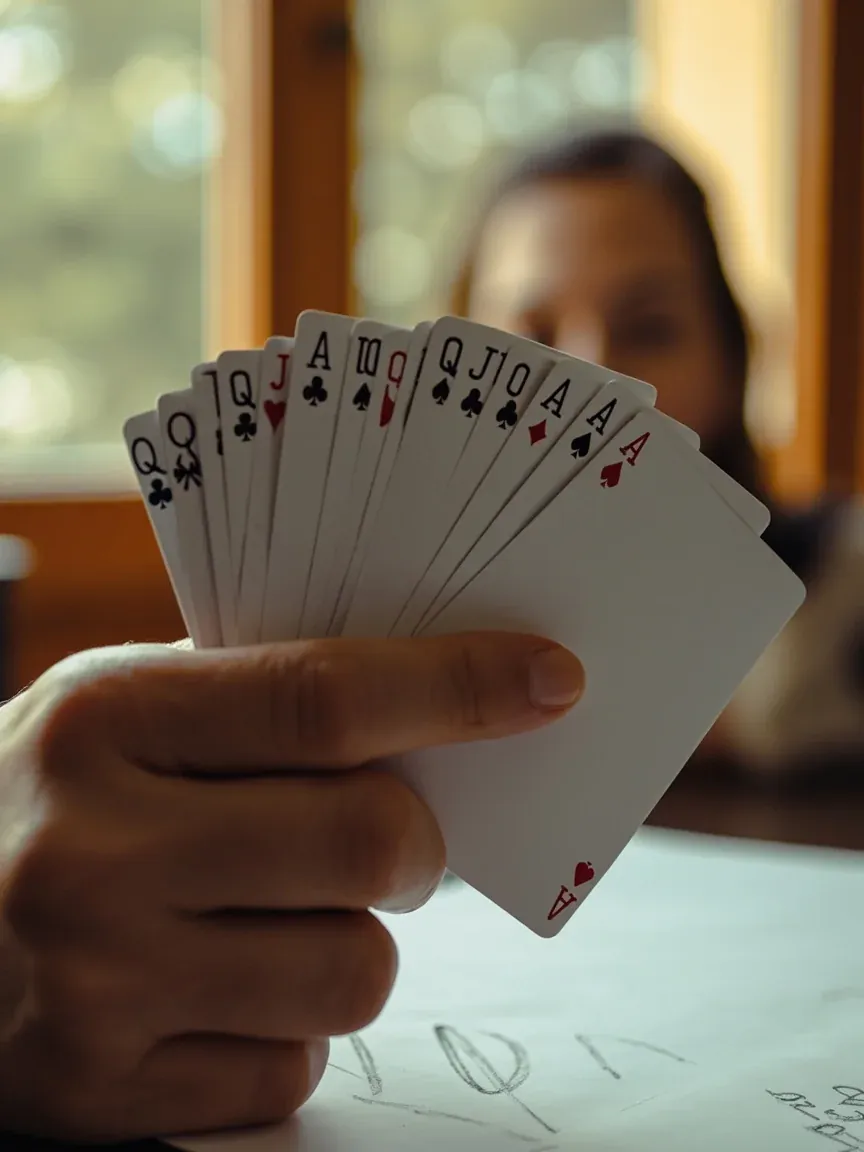 Portrait-oriented editorial photograph of an adult hand holding thirteen rummy cards fanned close to camera in soft daylight