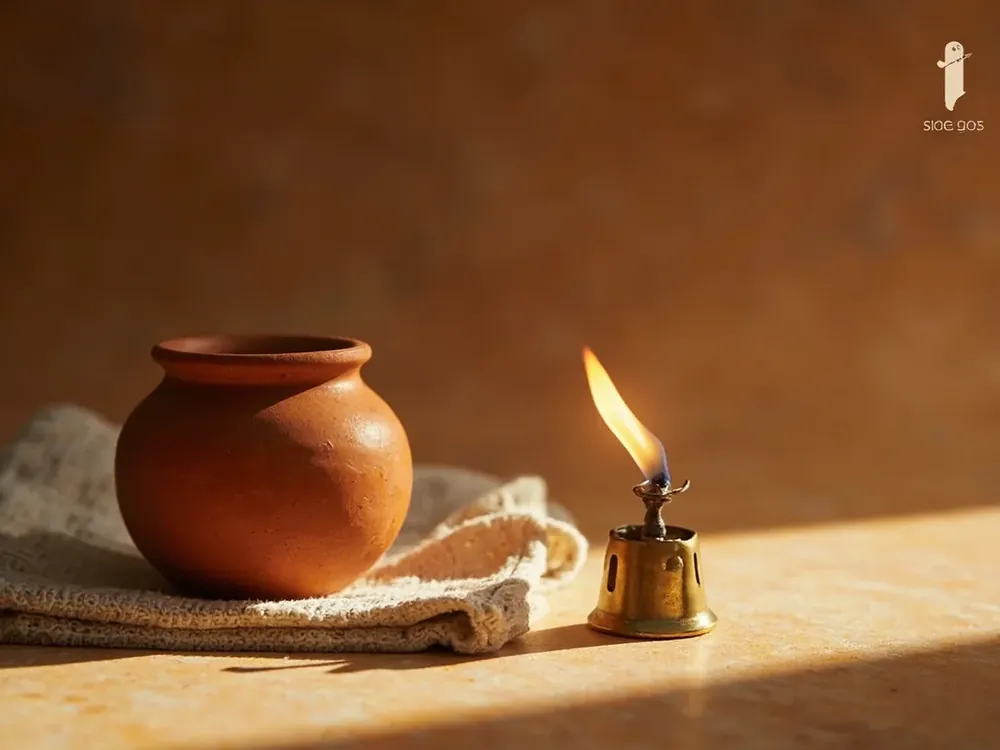 Photograph of a small clay lamp, a brass bell and a folded cloth on a warm stone surface