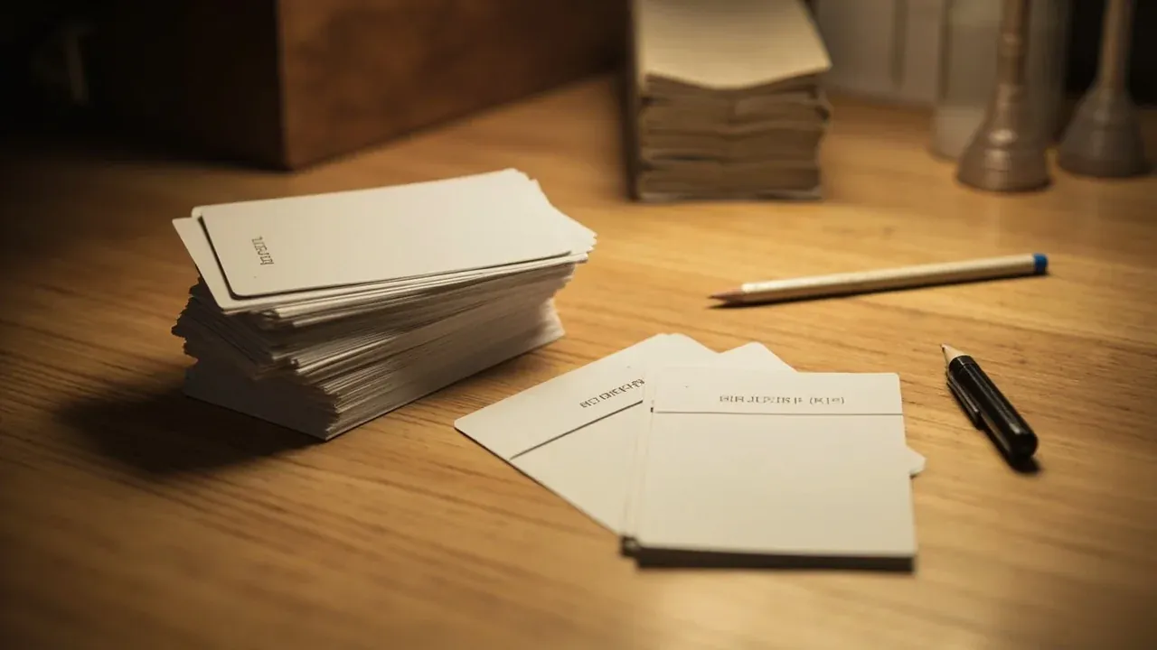 Editorial photograph of a wooden desk with three small stacks of cards arranged as strategy notes