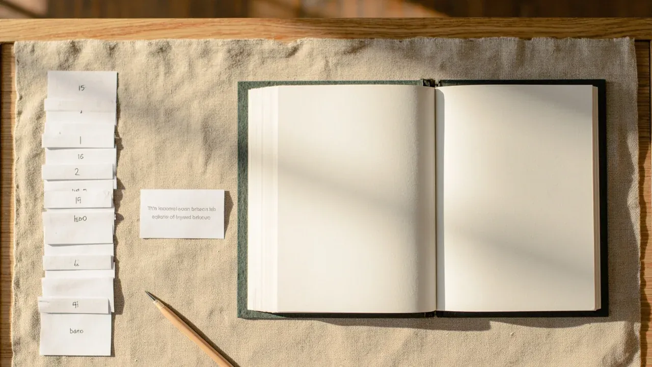 Editorial photograph of an open instruction booklet on a linen board with thirteen cards arranged beside it