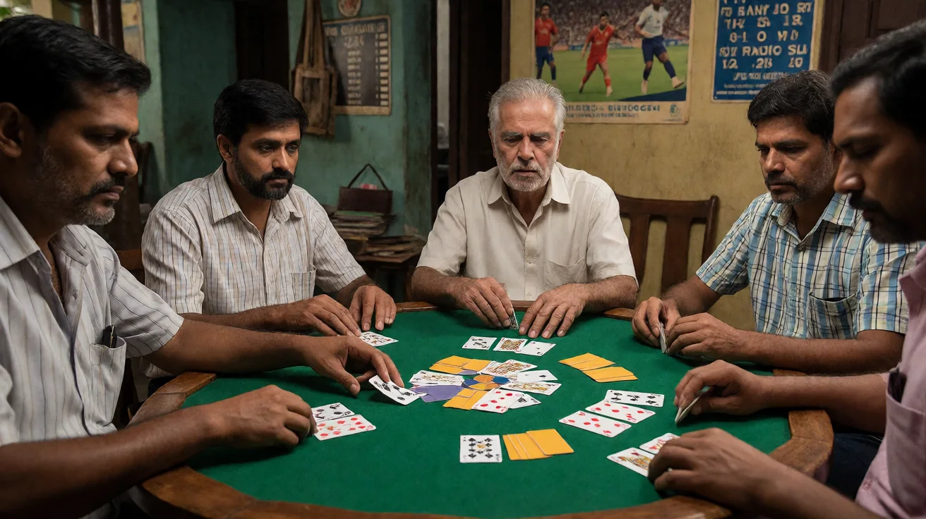 Top-down editorial photograph of thirteen rummy cards dealt on a green felt table in warm daylight