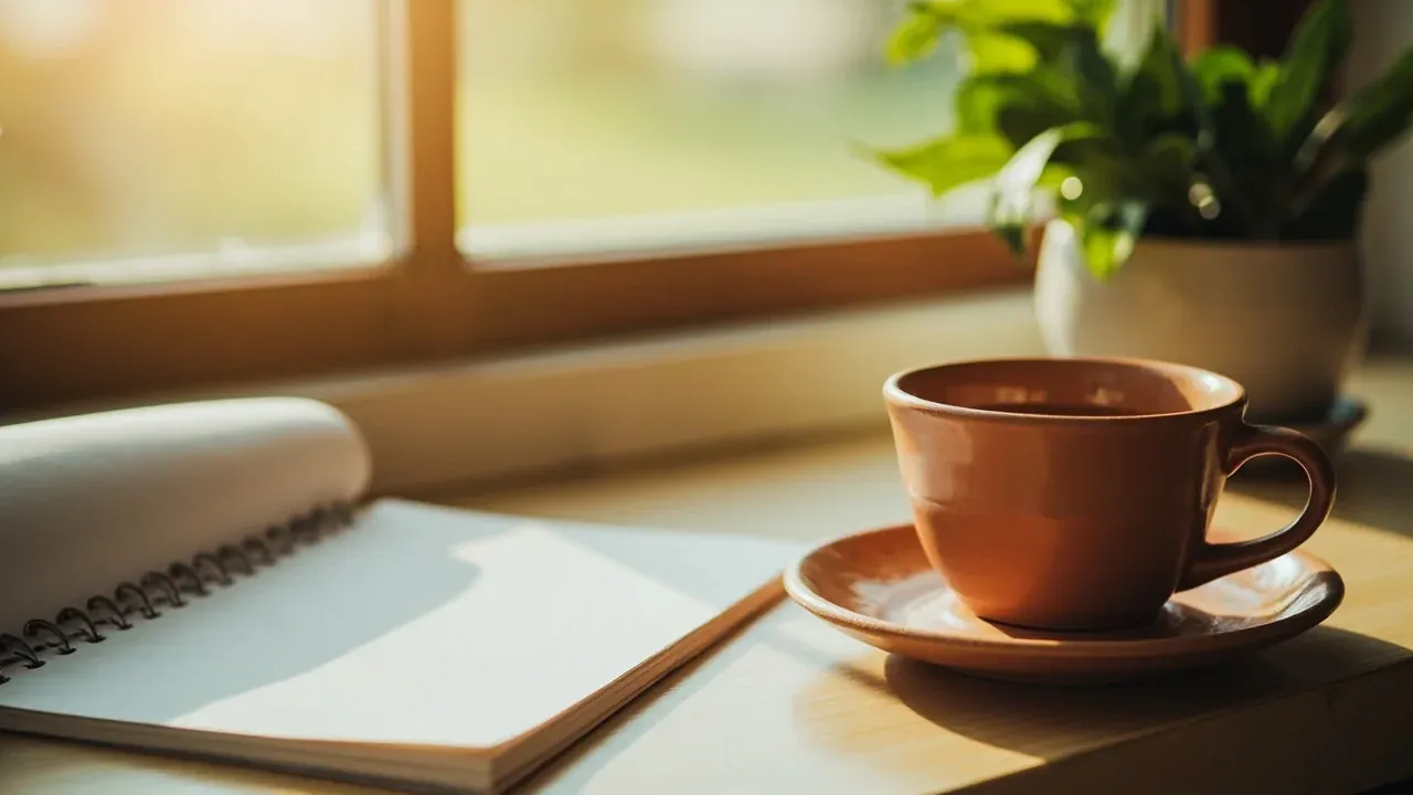 Editorial photograph of a quiet clay cup of tea on a saucer beside an open notebook and a small potted plant on a sunlit windowsill