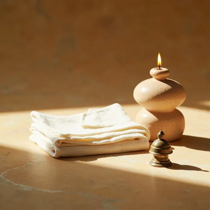 Square photograph of a folded cream cloth, a small brass bell and a clay lamp base on a warm stone surface
