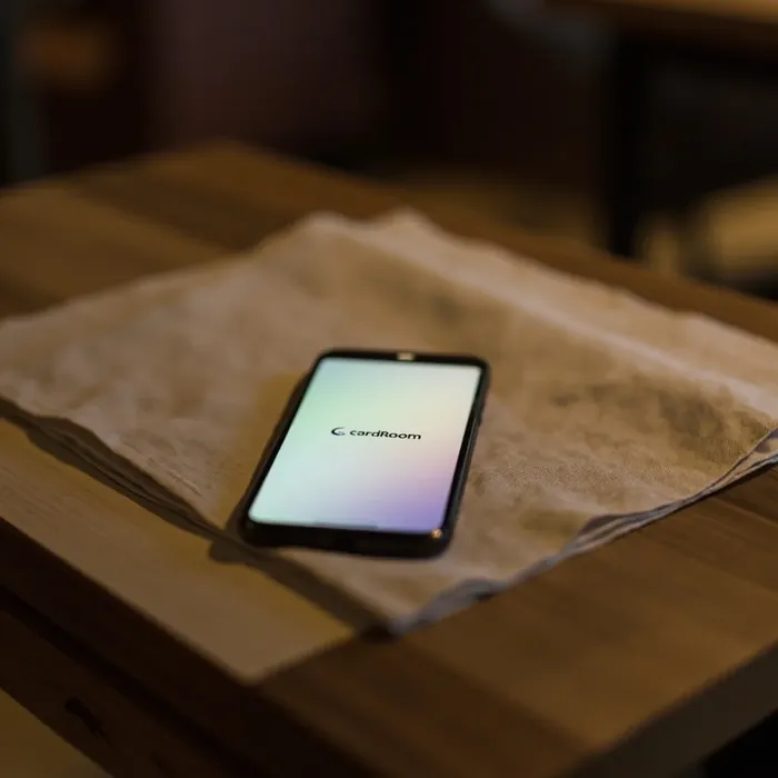 Square photograph of a smartphone resting on a folded linen napkin