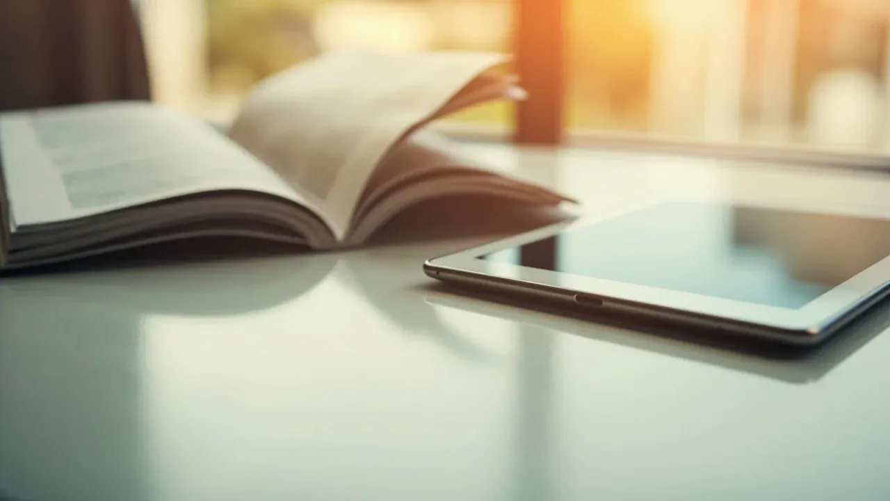 Editorial photograph of a slim open magazine, a folded newspaper and a tablet lying face-up on a clean desk