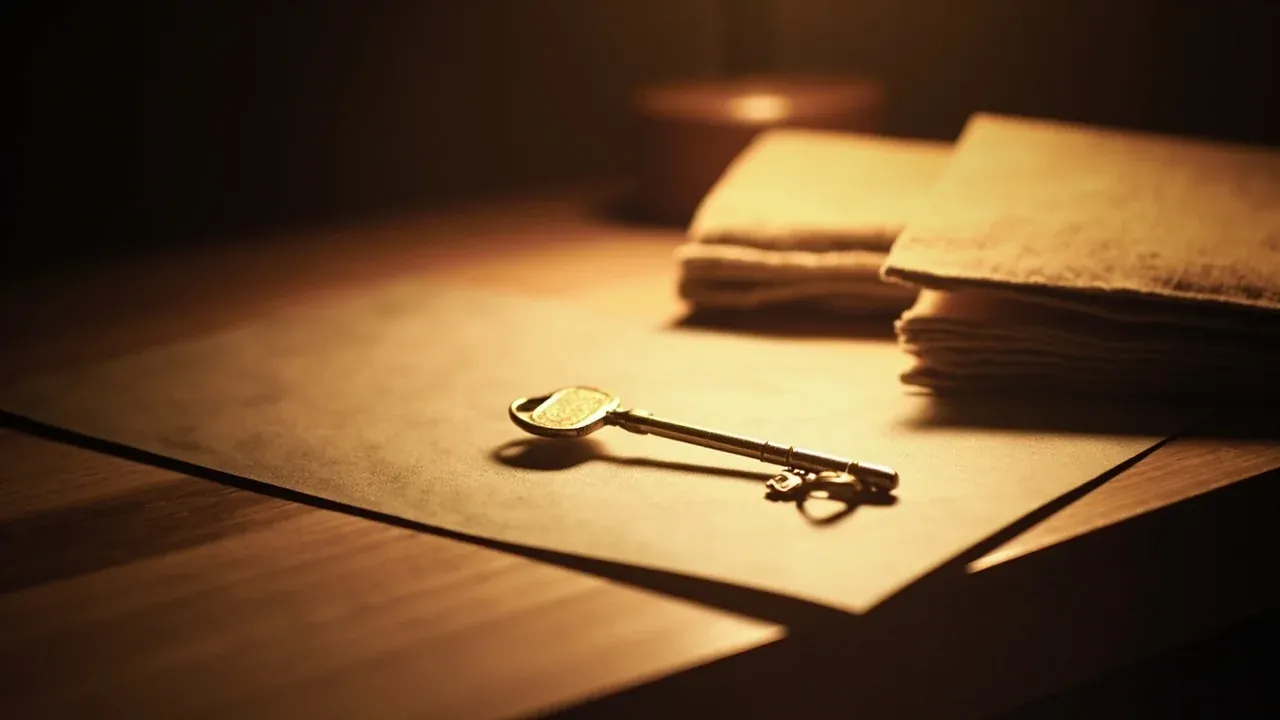 Editorial photograph of a slim brass key, a folded linen cloth and a small envelope