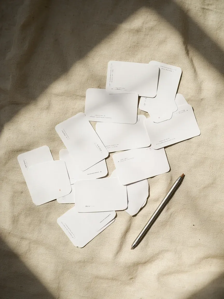 Portrait-oriented photograph of a linen board with thirteen cards arranged in a probability spread
