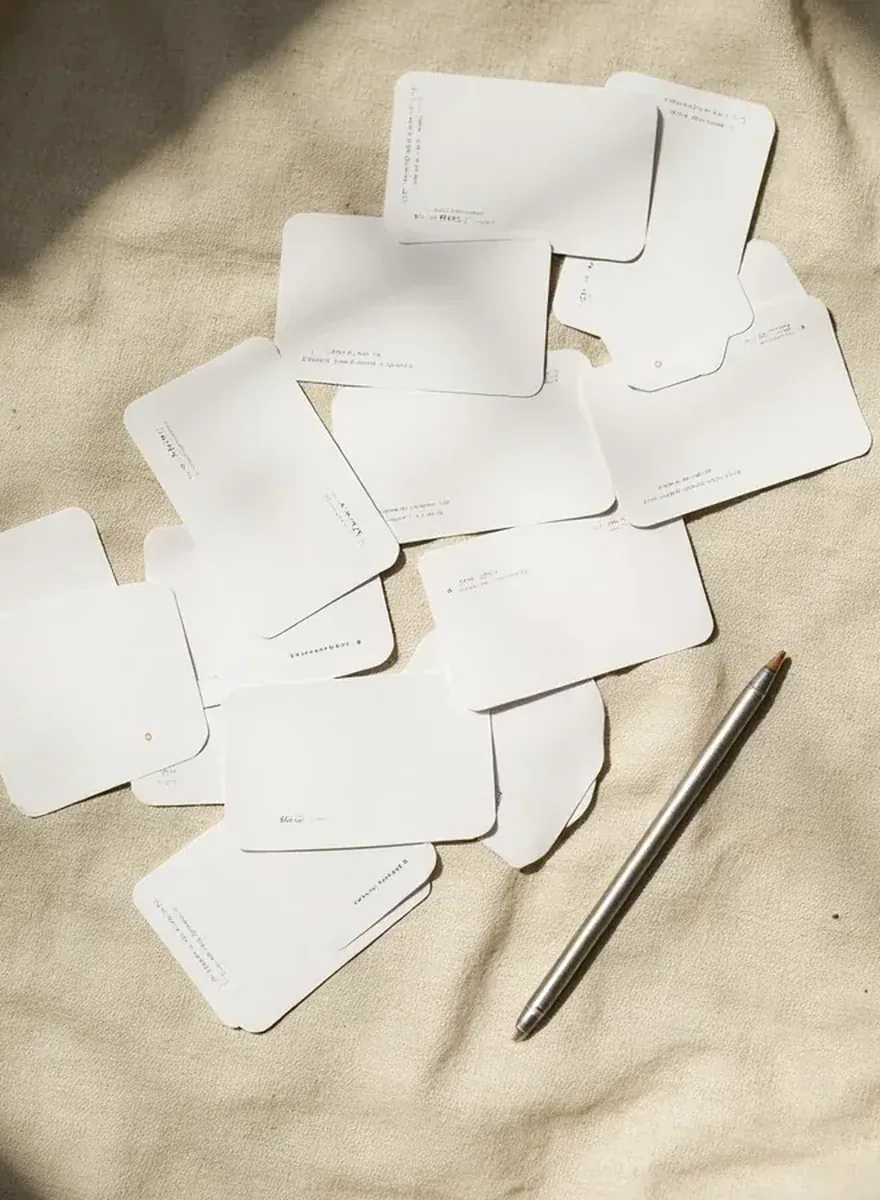 Portrait detail of cards arranged on linen for pure-sequence planning