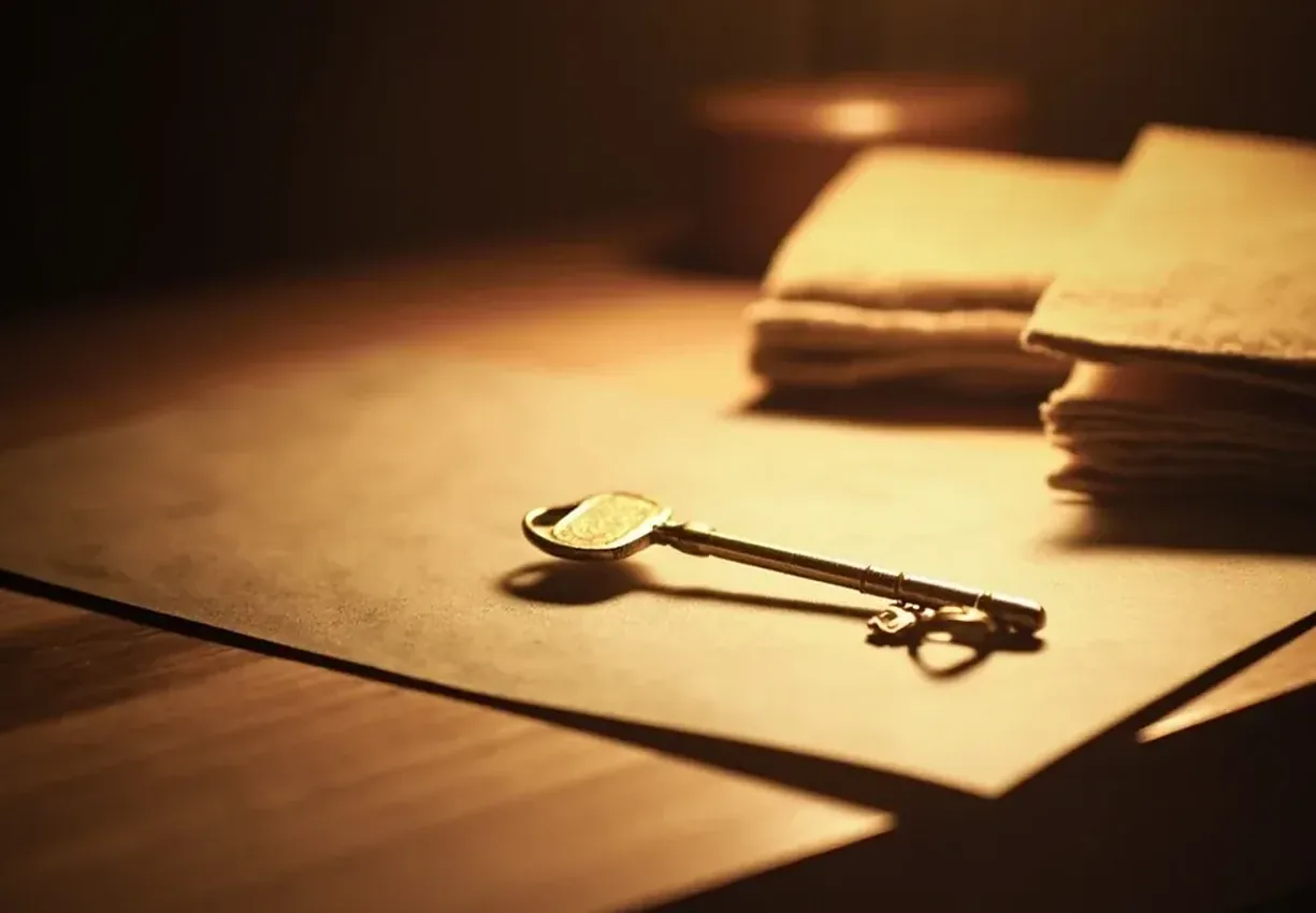 Editorial photograph of a brass key, folded linen and a sealed envelope on a writing desk